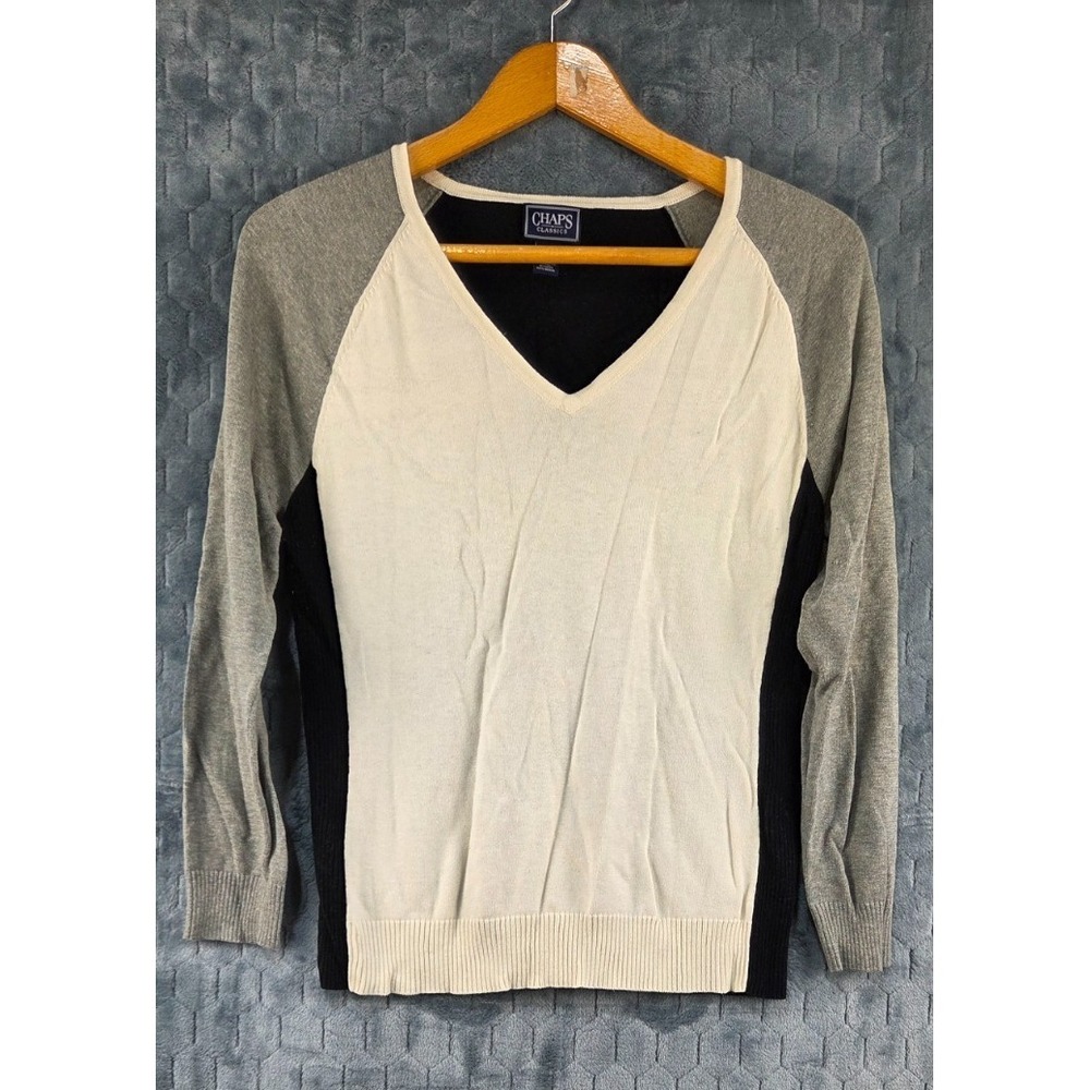 Women's Chaps Ivory & Gray Long Sleeve V-Neck Soft Sweater Top Size XL
